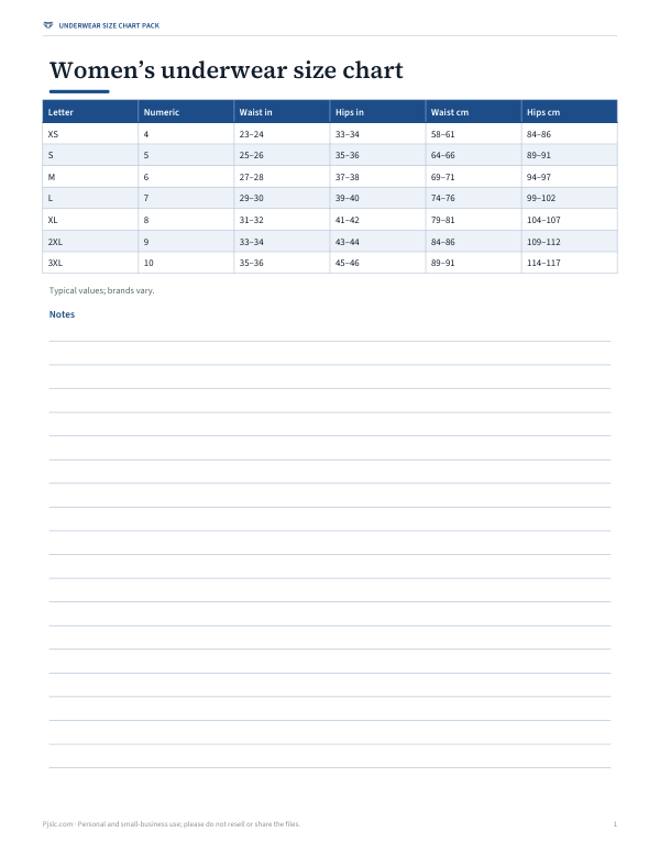 Preview of Printable Women’s Underwear Size Chart